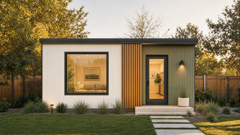 The CADU 500 at dusk: white board-and-batten with an olive entry wall, cedar screen and a lit living room behind a large window.