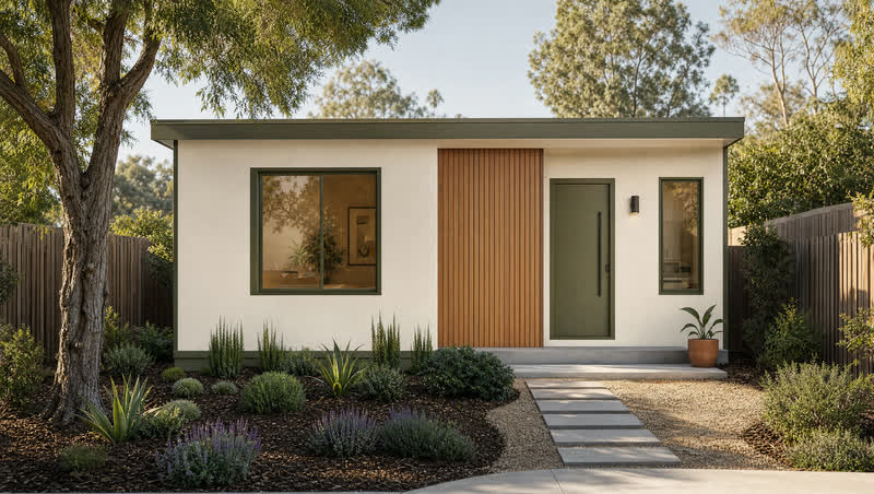 The CADU 750 from the garden: white stucco with a cedar entry panel and an olive door, under a mature tree.