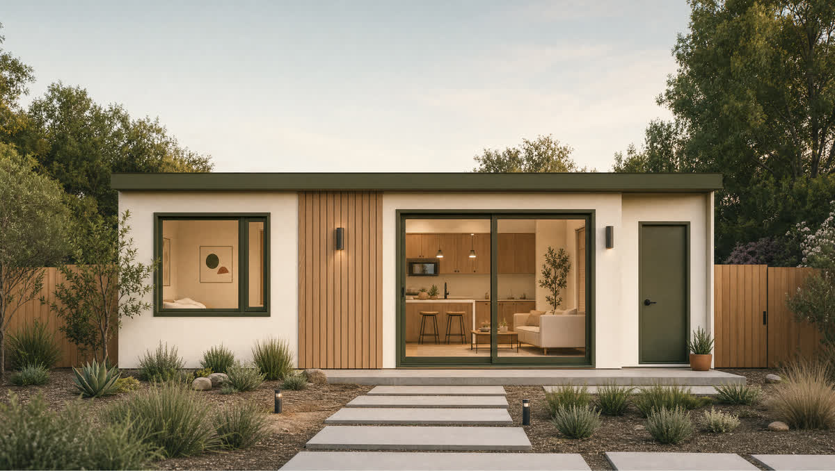 An accessory dwelling unit at dusk, sliding glass open onto a lit kitchen and living room.
