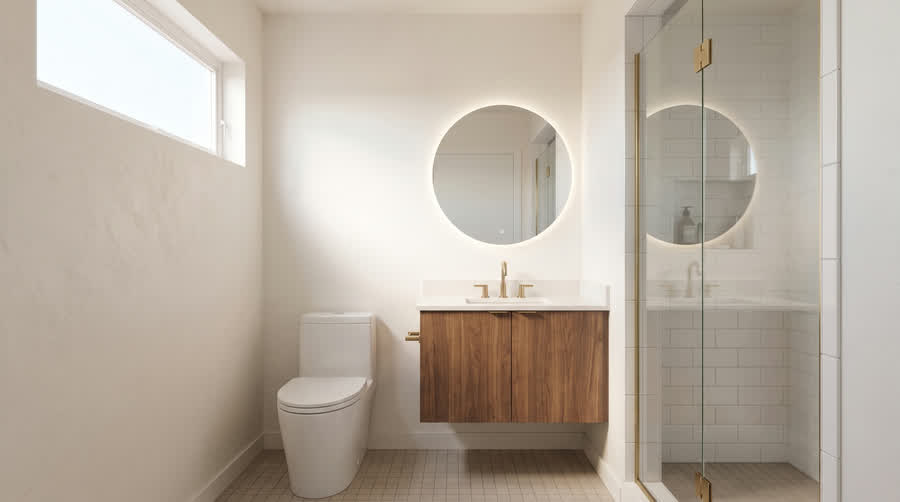 CADU interior showing a frameless glass shower with brass trim and a wood vanity.