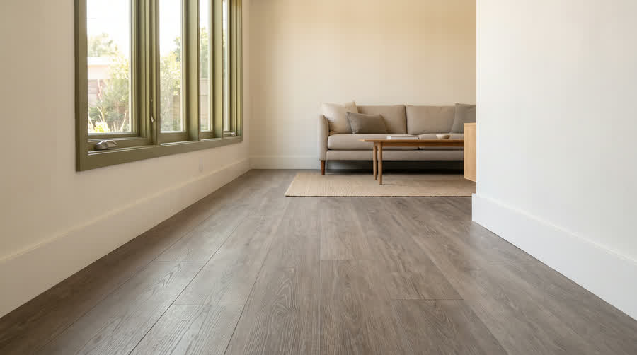 CADU interior showing narrow vinyl plank with a painted baseboard.