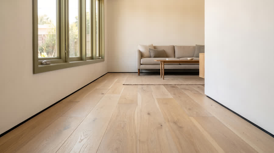 CADU interior showing wide white oak meeting the wall in a shadow-gap reveal.